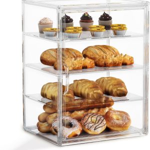 4-Tier Pastry Display Case,Large Bread Box for Kitchen Countertop, Adjustable Bread Storage Container, Bakery Display for Bread, Cookies, and Donuts, Size 15.5 * 11.4 * 9.8 Inch