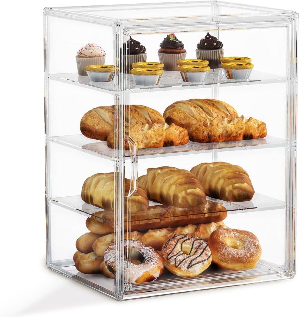 4-Tier Pastry Display Case,Large Bread Box for Kitchen Countertop, Adjustable Bread Storage Container, Bakery Display for Bread, Cookies, and Donuts, Size 15.5 * 11.4 * 9.8 Inch