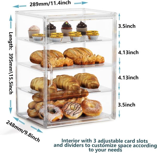 4-Tier Pastry Display Case,Large Bread Box for Kitchen Countertop, Adjustable Bread Storage Container, Bakery Display for Bread, Cookies, and Donuts, Size 15.5 * 11.4 * 9.8 Inch - Image 6