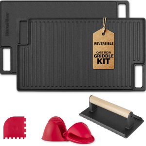 Cast Iron Reversible Grill/Griddle Set with Press, Scraper & Mitts - Pre-Seasoned, Non-Stick - 16.75" x 9.5" - Gas Stove, Grill, Camping, Indoor and Outdoor Cooking