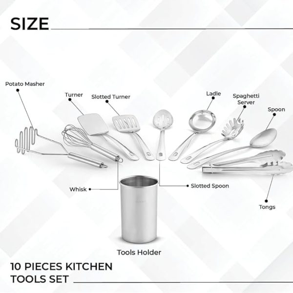 Avador® Premium Set of 10 Stainless Steel Kitchen Tool Set with Holder Easy To Clean, Space Saving, Great for Cooking, Baking, Prepping - Image 2