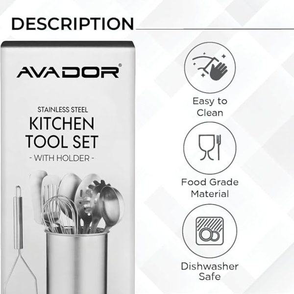 Avador® Premium Set of 10 Stainless Steel Kitchen Tool Set with Holder Easy To Clean, Space Saving, Great for Cooking, Baking, Prepping - Image 3