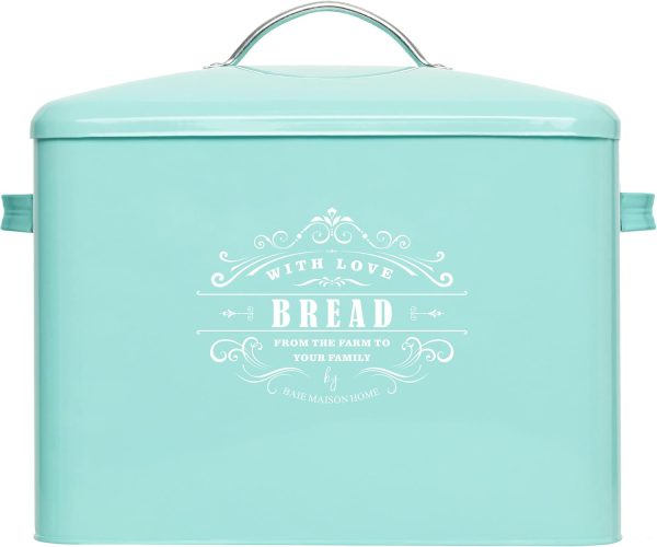 Extra Large Teal Farmhouse Bread Box for Kitchen Countertop - Breadbox Holder Fits 2+ Loaves - Bread Storage Container Bin - Rustic Bread Keeper Vintage Metal Kitchen Decor for Counter(Bread Box)