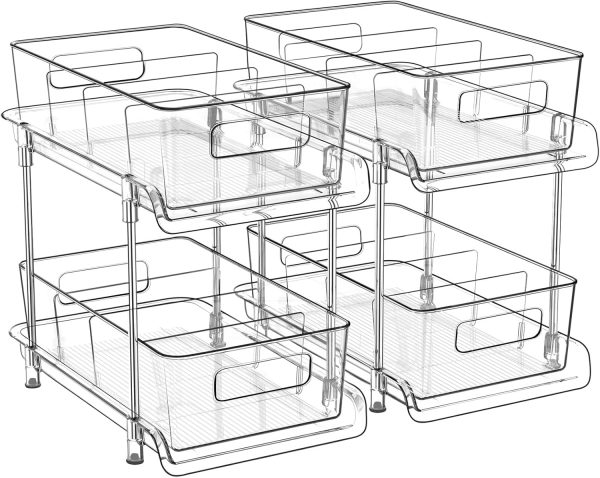 HIHEGD 2 Tier Bathroom Storage Organizer with Dividers, Clear Under Sink Organizers and Storage Pull Out Cabinet Organizer for Bathroom Kitchen Pantry Storage, Medicine Cabinet Organizer