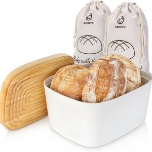 Modern Bread Box for Kitchen Counter Top with 2 Bread Bags (White) - Sturdy Modern Construction, Ribbed Design Keeps Bread Fresh Longer - Large Sourdough Bread Box with Cutting Board Lid