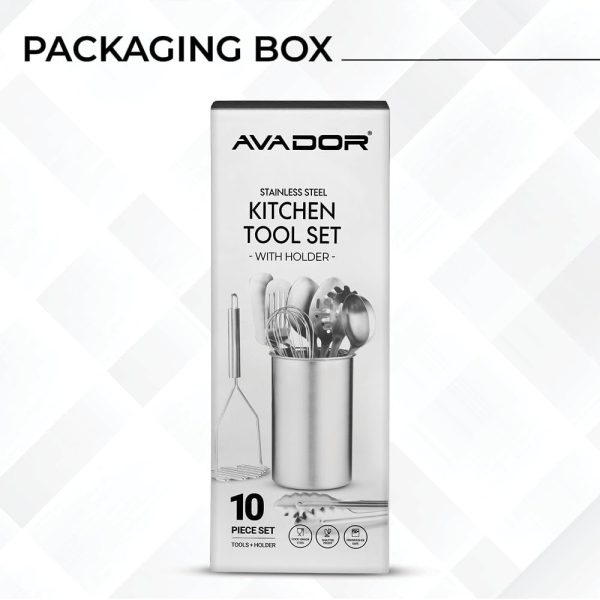 Avador® Premium Set of 10 Stainless Steel Kitchen Tool Set with Holder Easy To Clean, Space Saving, Great for Cooking, Baking, Prepping - Image 4